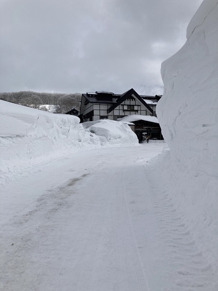 雪の酸ヶ湯本館正面玄関前の写真