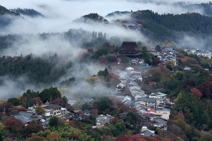 吉野山の尾根上に建つ金峯山寺蔵王堂（写真奥）の写真