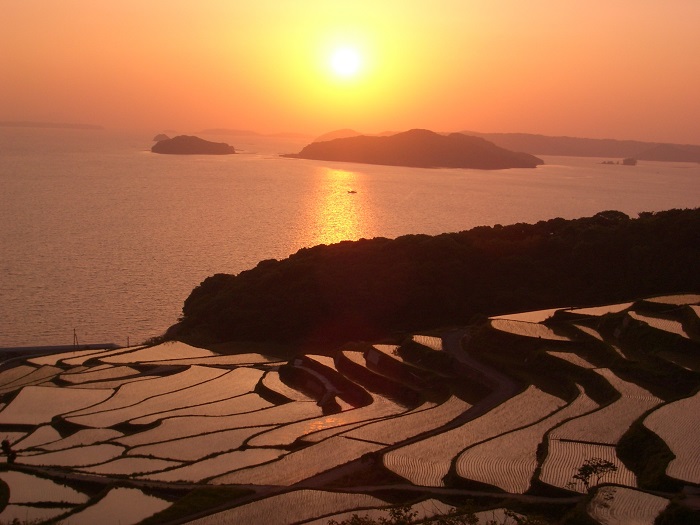 土谷棚田　夕焼けの写真