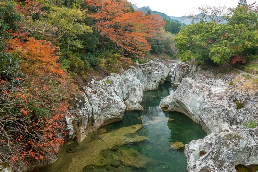 甌穴群の岸壁と緑色に澄んだ渓流「猿飛千壺峡」の写真
